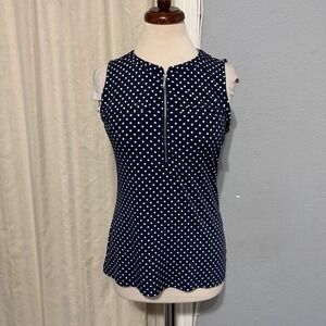 7th Avenue Design Studio New York Co Navy Polka Dot Sleeveless Zip Neck Top XS